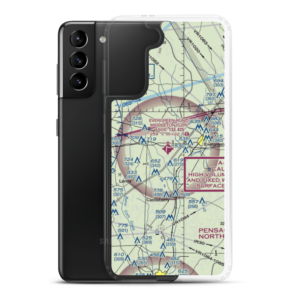 Evergreen Regional Airport/Middleton Field (GZH) VFR Sectional Samsung Case Samsung Galaxy S21 Plus model shown