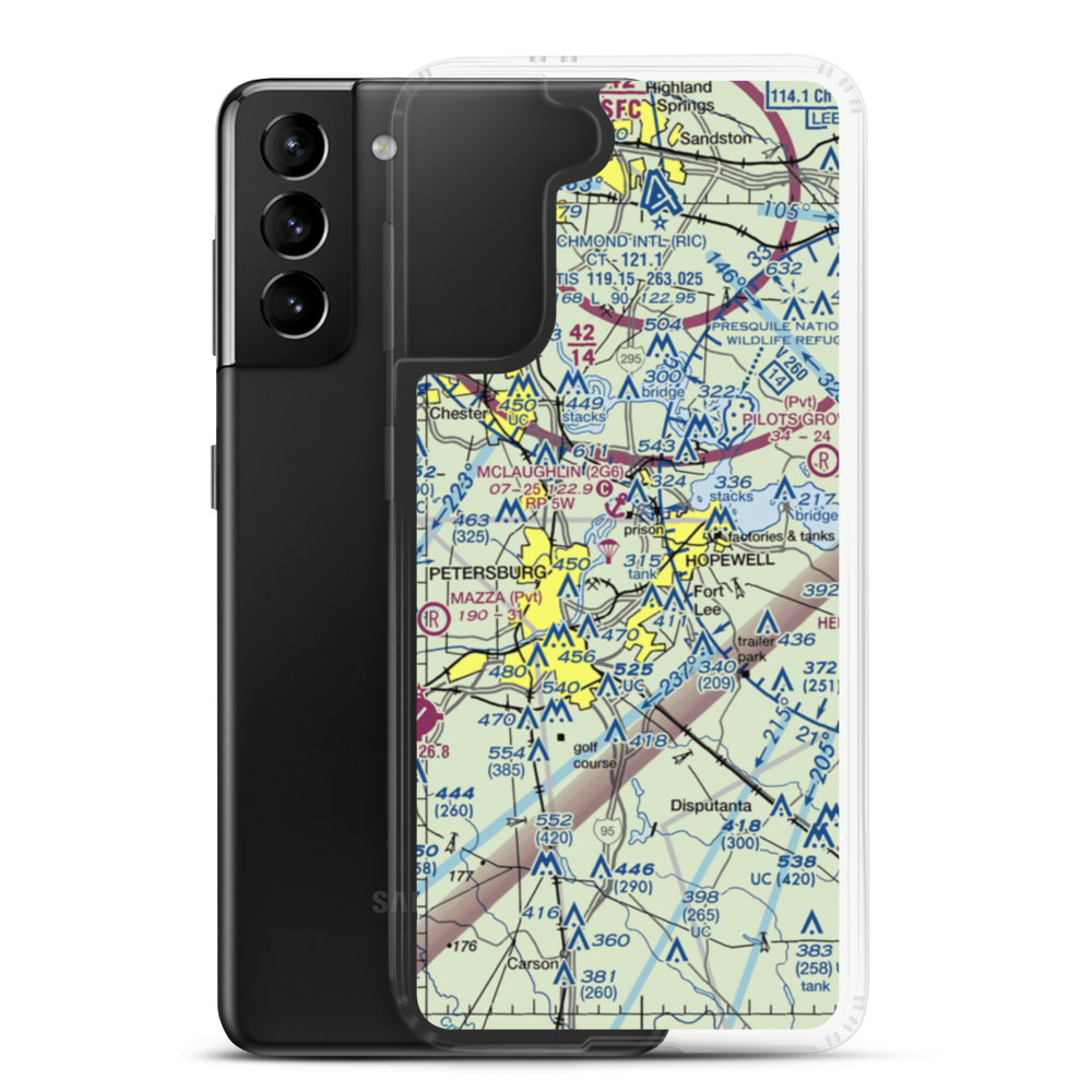 Fort Lee Army Airfield (FLE) VFR Sectional Samsung Case Samsung Galaxy S21 Plus model shown