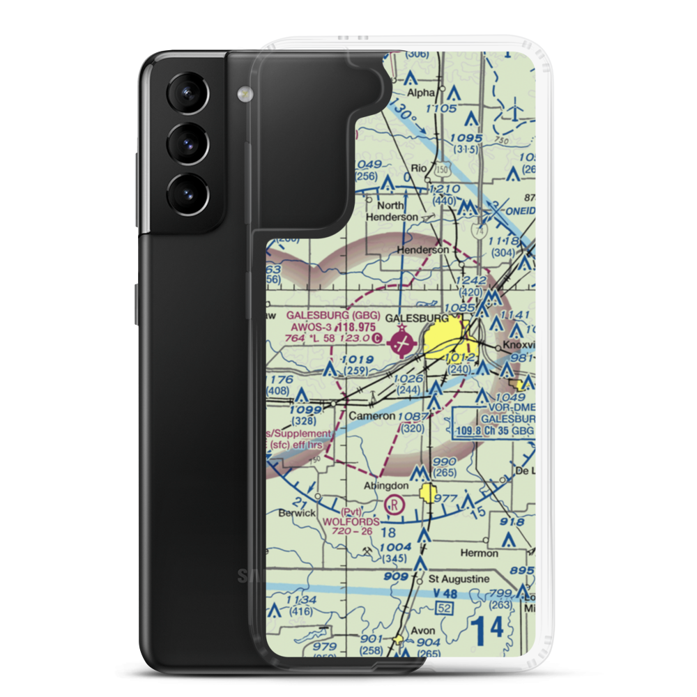 Galesburg Municipal Airport (GBG) VFR Sectional Samsung Case Samsung Galaxy S21 Plus model shown