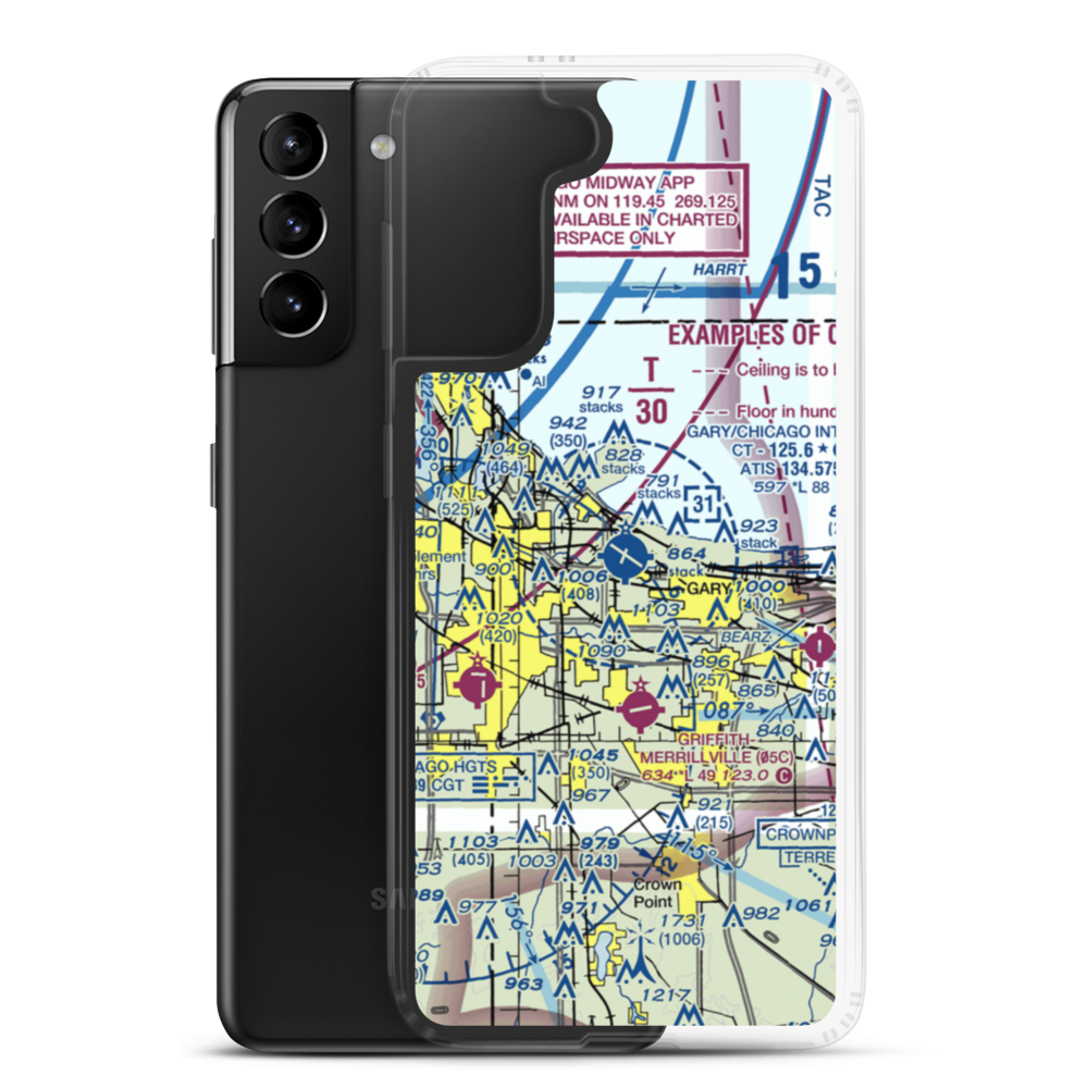 Gary Chicago International Airport (GYY) VFR Sectional Samsung Case Samsung Galaxy S21 Plus model shown