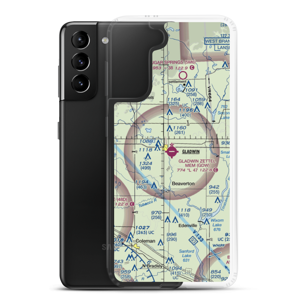 Gladwin Zettel Memorial Airport (GDW) VFR Sectional Samsung Case Samsung Galaxy S21 Plus model shown