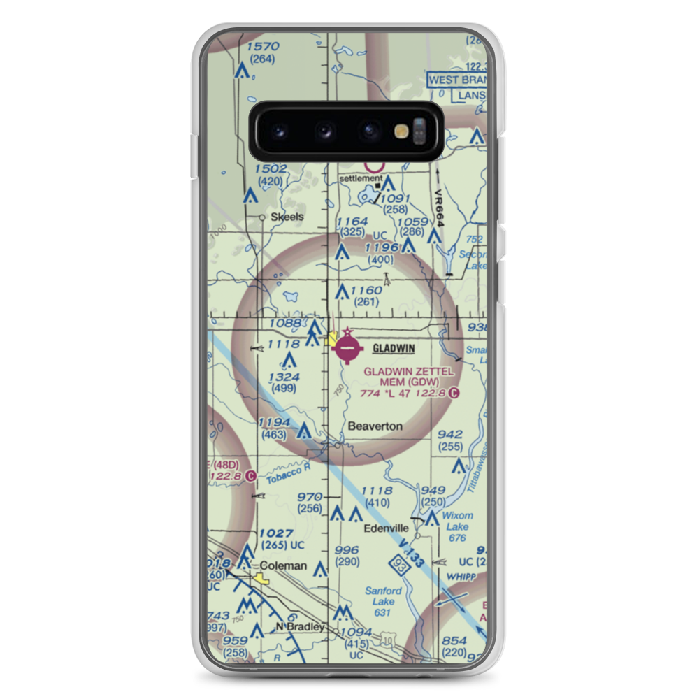 Gladwin Zettel Memorial Airport (GDW) VFR Sectional Samsung Case Samsung Galaxy S10+ model shown