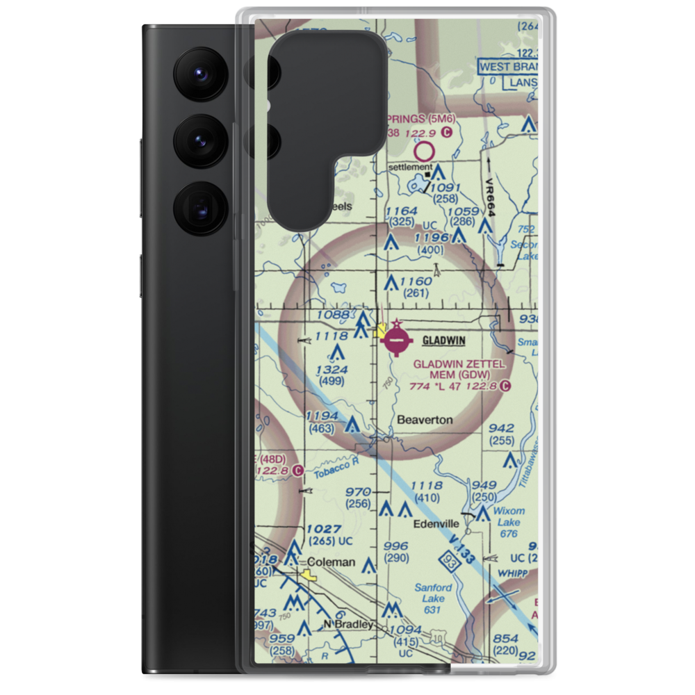 Gladwin Zettel Memorial Airport (GDW) VFR Sectional Samsung Case Samsung Galaxy S22 Ultra model shown