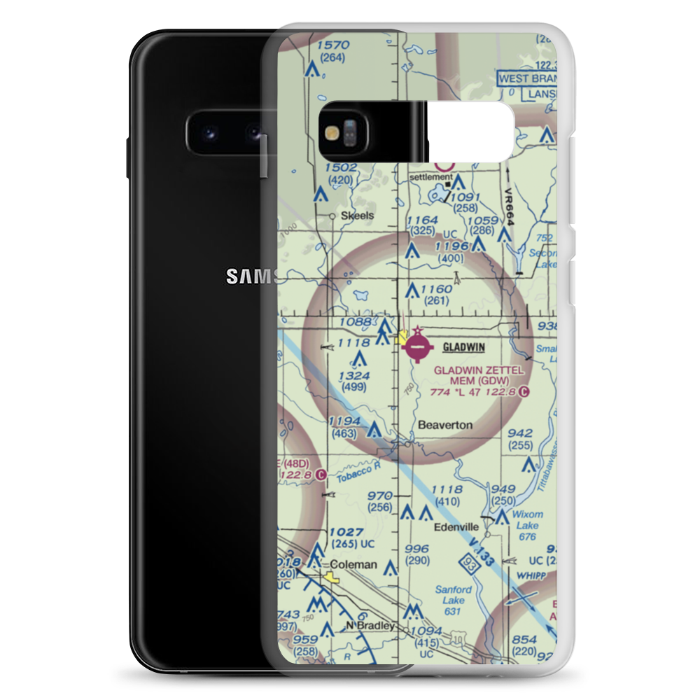 Gladwin Zettel Memorial Airport (GDW) VFR Sectional Samsung Case Samsung Galaxy S10+ model shown