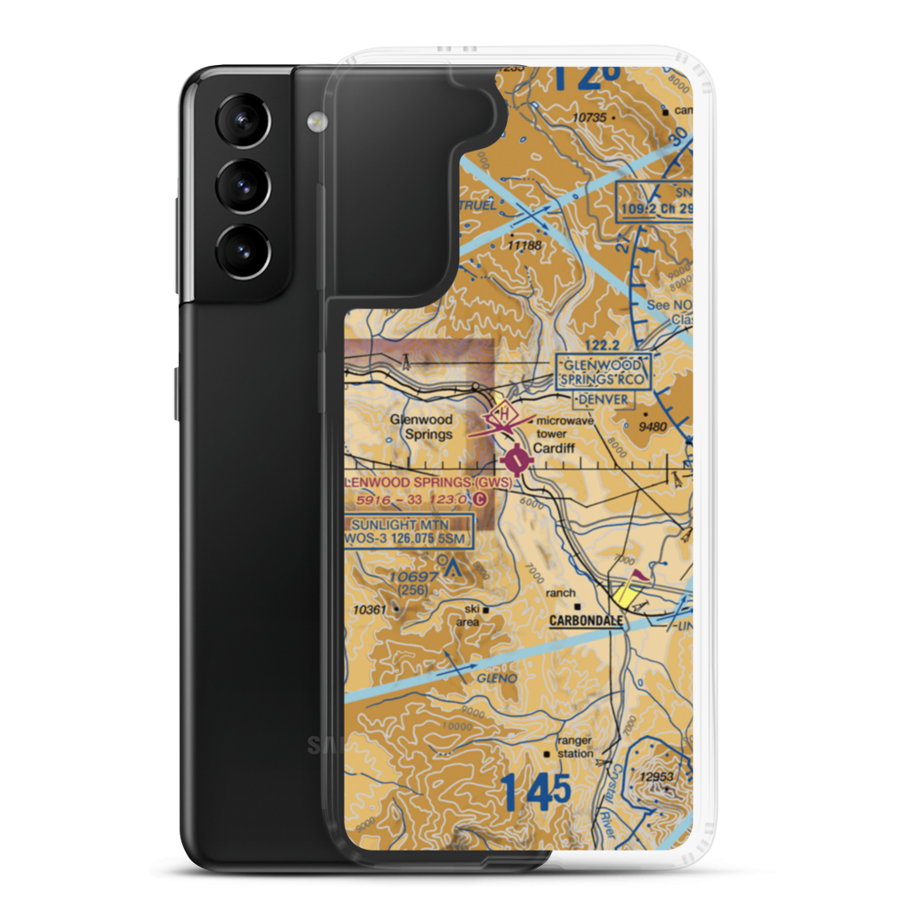 Glenwood Springs Municipal Airport (GWS) VFR Sectional Samsung Case Samsung Galaxy S21 Plus model shown