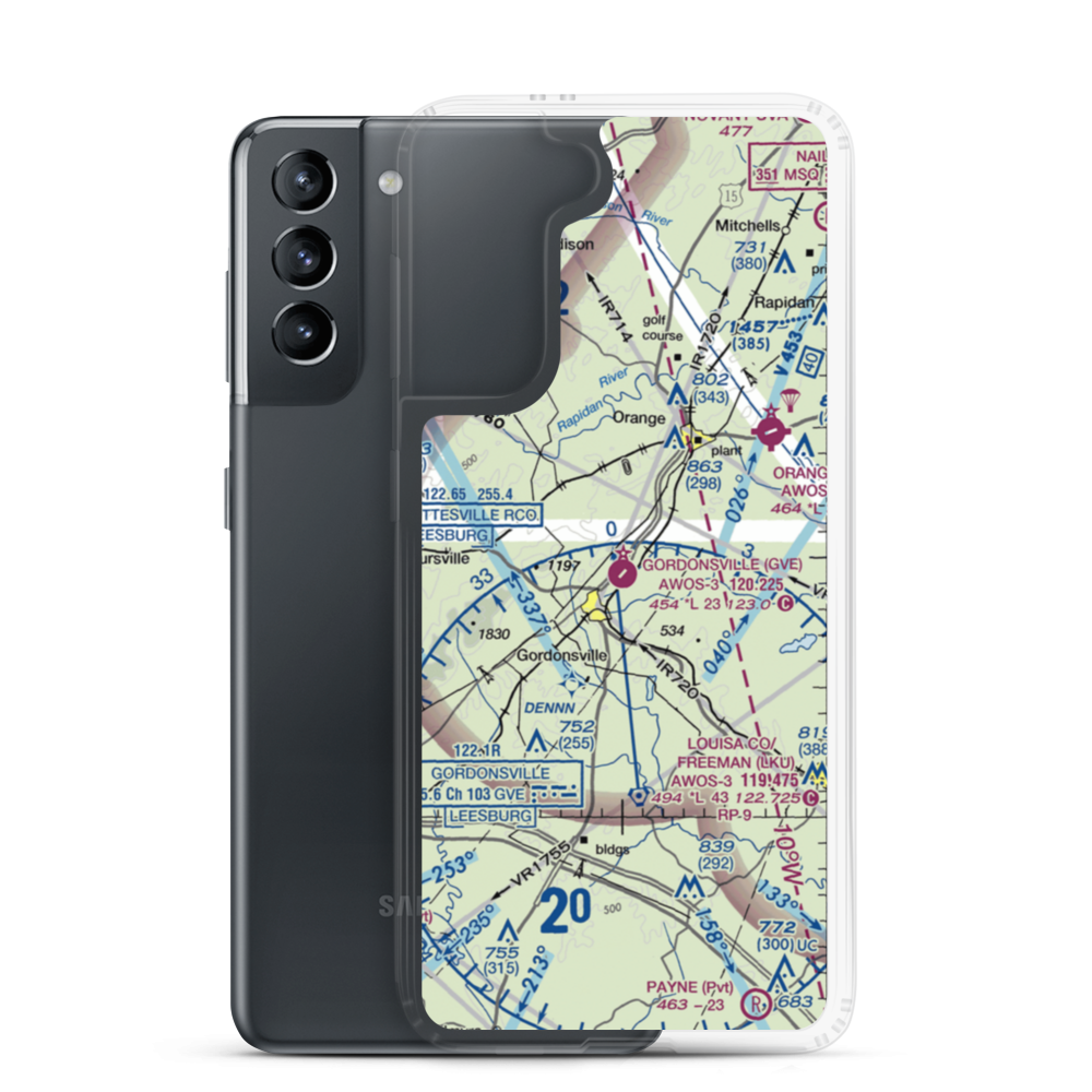 Gordonsville Municipal Airport (GVE) VFR Sectional Samsung Case Samsung Galaxy S21 model shown