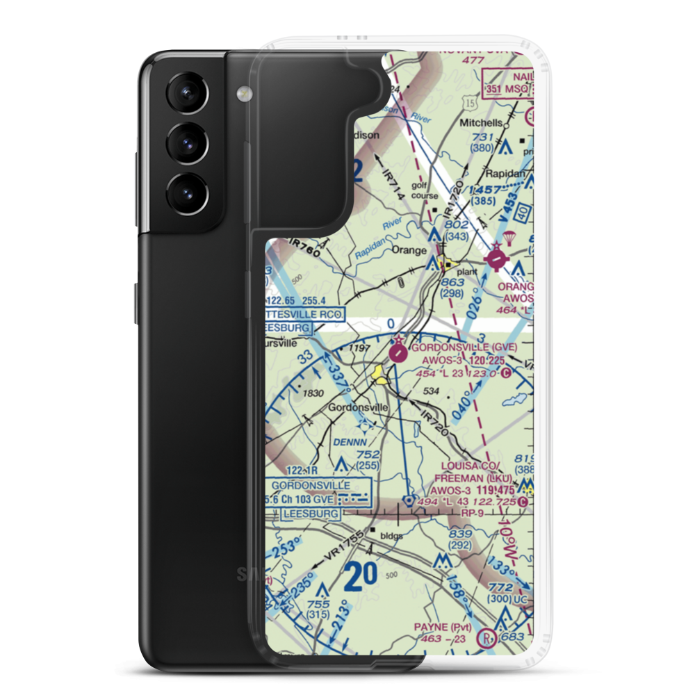 Gordonsville Municipal Airport (GVE) VFR Sectional Samsung Case Samsung Galaxy S21 Plus model shown