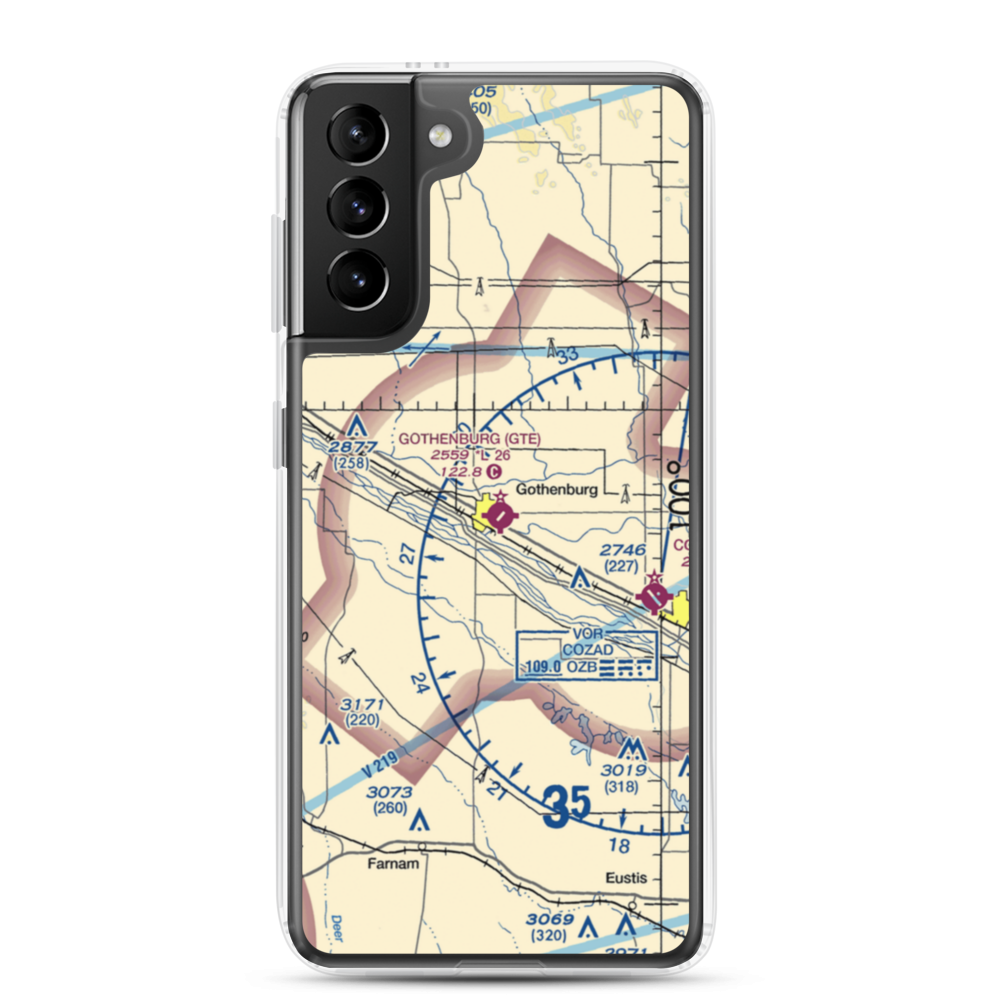 Gothenburg Municipal Airport (GTE) VFR Sectional Samsung Case Samsung Galaxy S21 Plus model shown