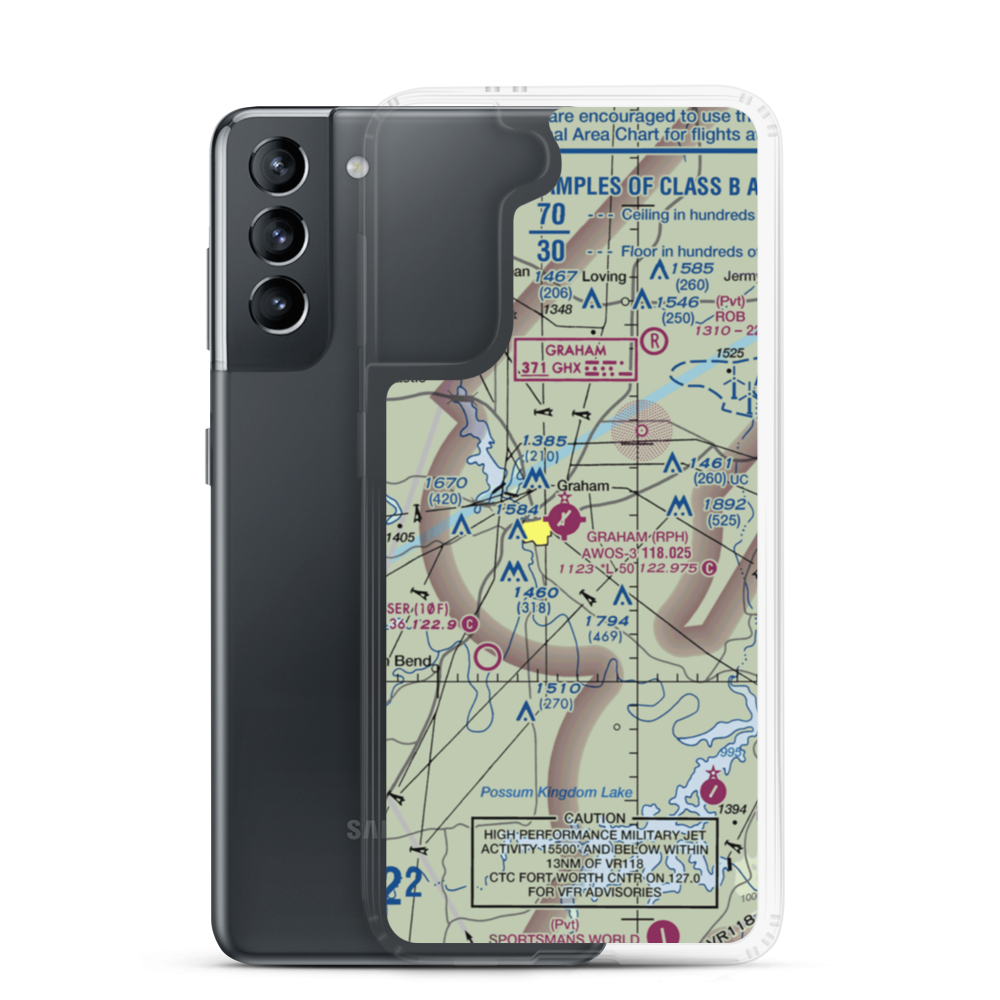 Graham Municipal Airport (RPH) VFR Sectional Samsung Case Samsung Galaxy S21 model shown