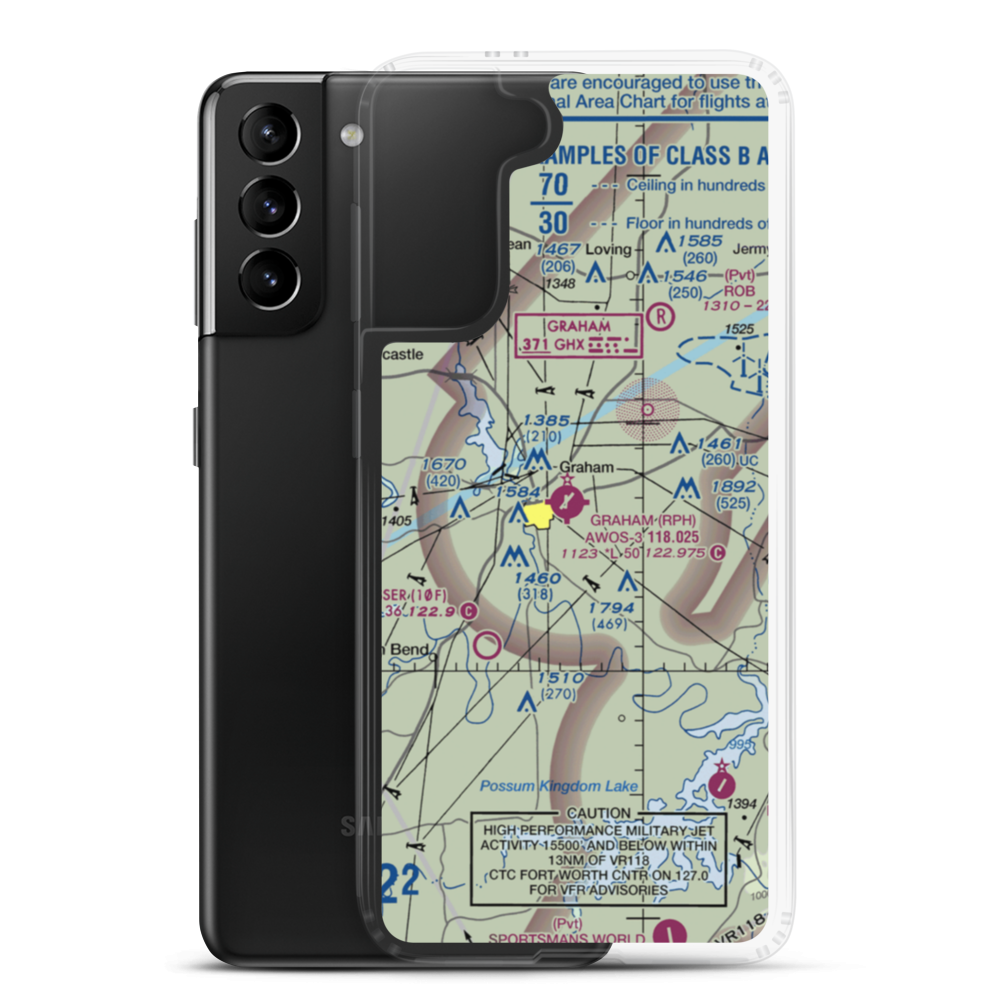 Graham Municipal Airport (RPH) VFR Sectional Samsung Case Samsung Galaxy S21 Plus model shown