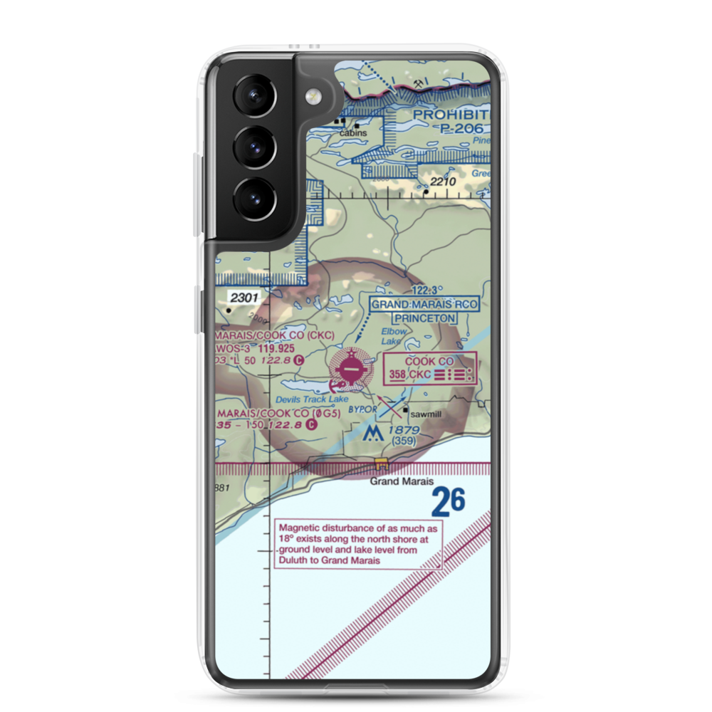 Grand Marais Cook County Airport (CKC) VFR Sectional Samsung Case Samsung Galaxy S21 Plus model shown