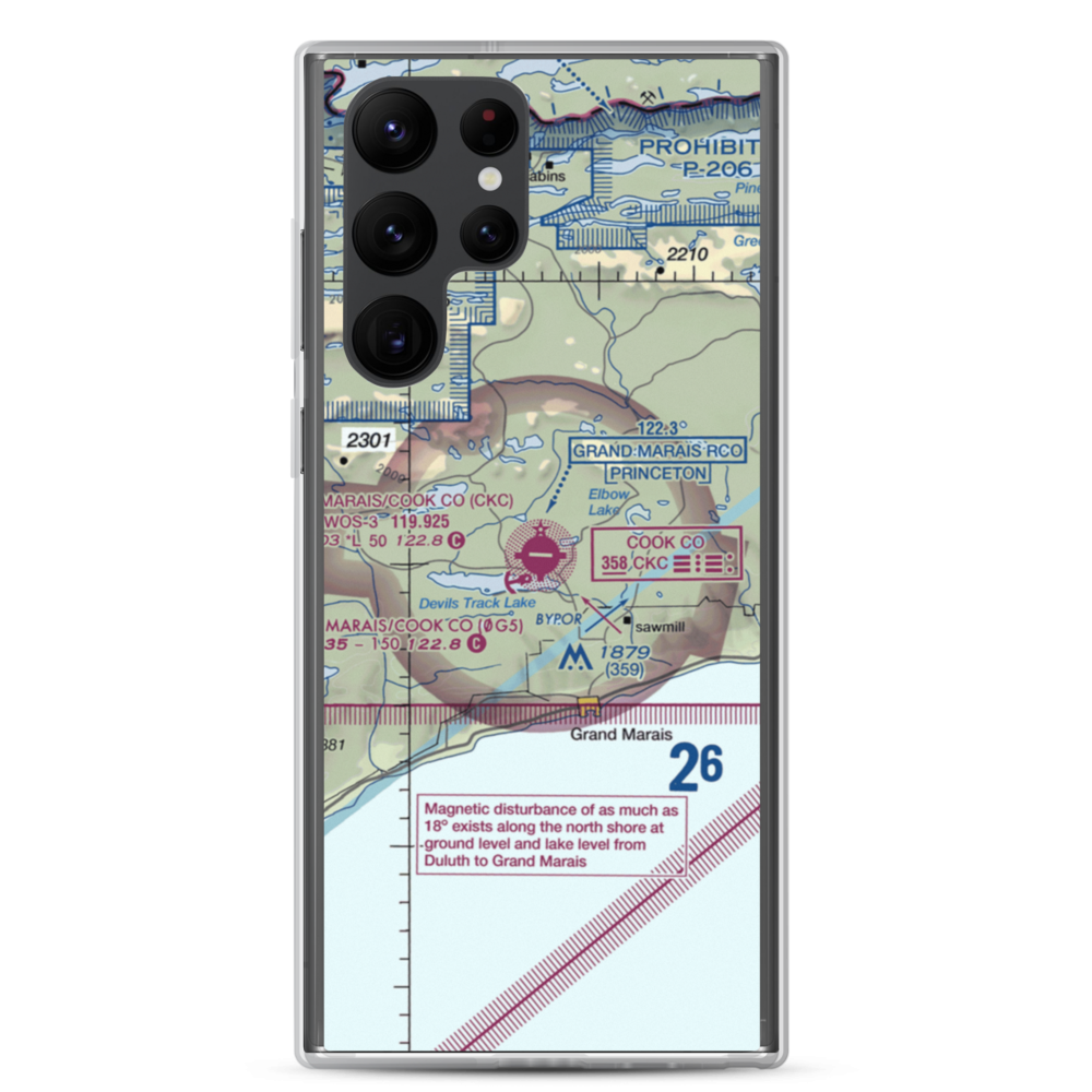 Grand Marais Cook County Airport (CKC) VFR Sectional Samsung Case Samsung Galaxy S22 Ultra model shown