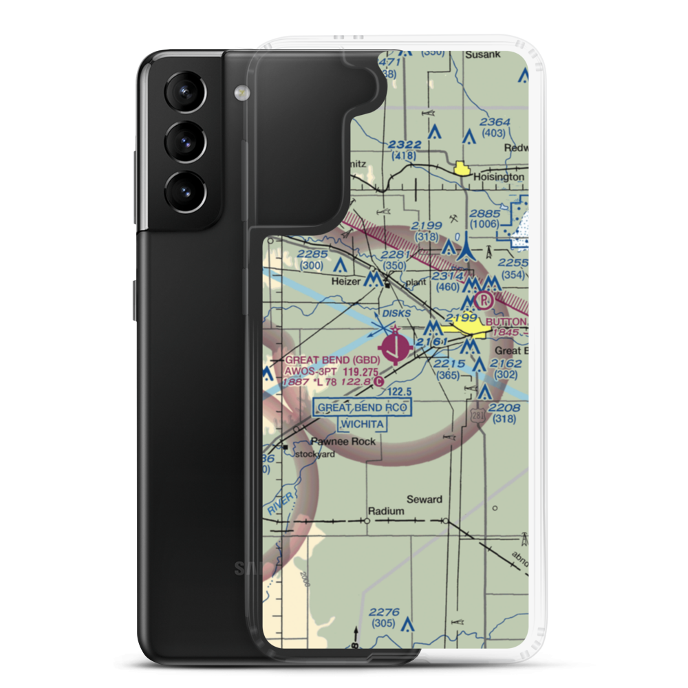 Great Bend Municipal Airport (GBD) VFR Sectional Samsung Case Samsung Galaxy S21 Plus model shown