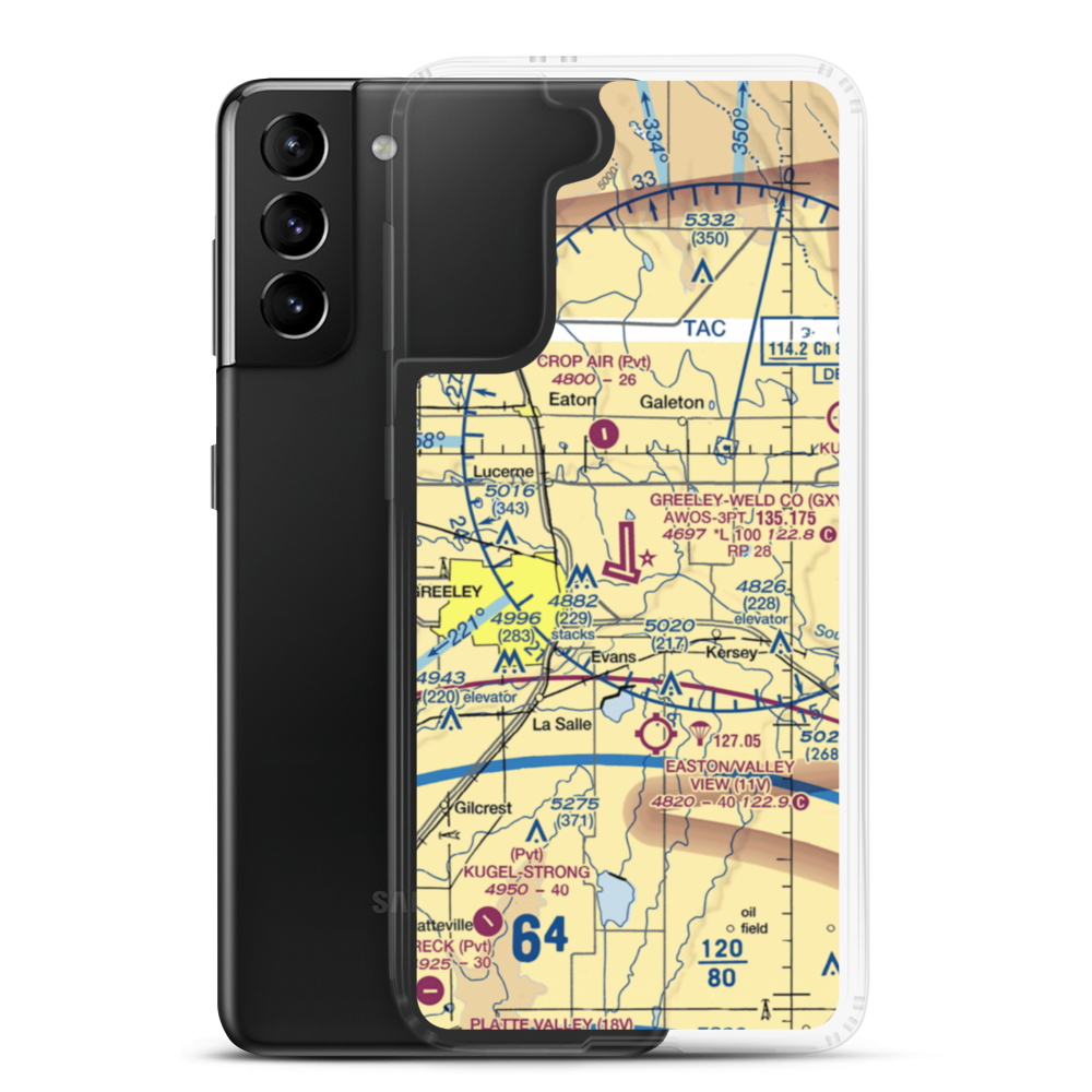 Greeley–Weld County Airport (GXY) VFR Sectional Samsung Case Samsung Galaxy S21 Plus model shown