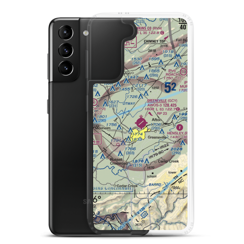 Greeneville-Greene County Municipal Airport (GCY) VFR Sectional Samsung Case Samsung Galaxy S21 Plus model shown