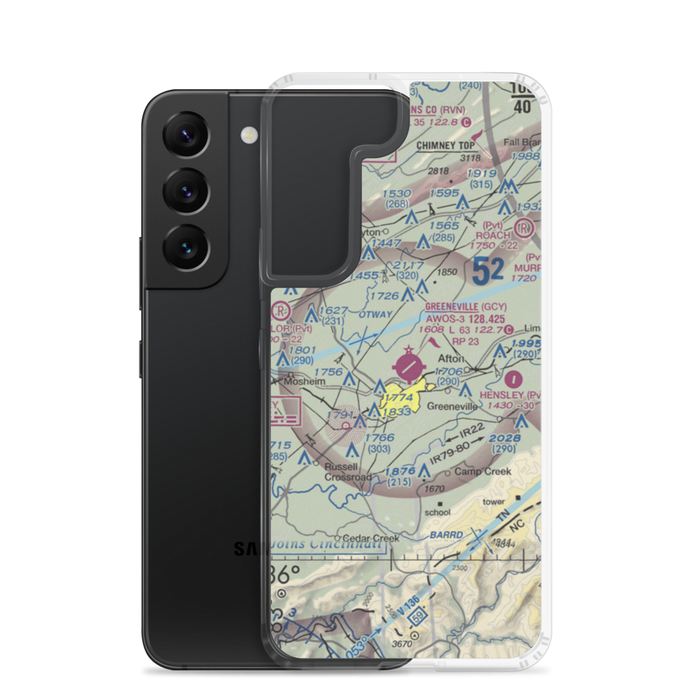 Greeneville-Greene County Municipal Airport (GCY) VFR Sectional Samsung Case Samsung Galaxy S22 model shown