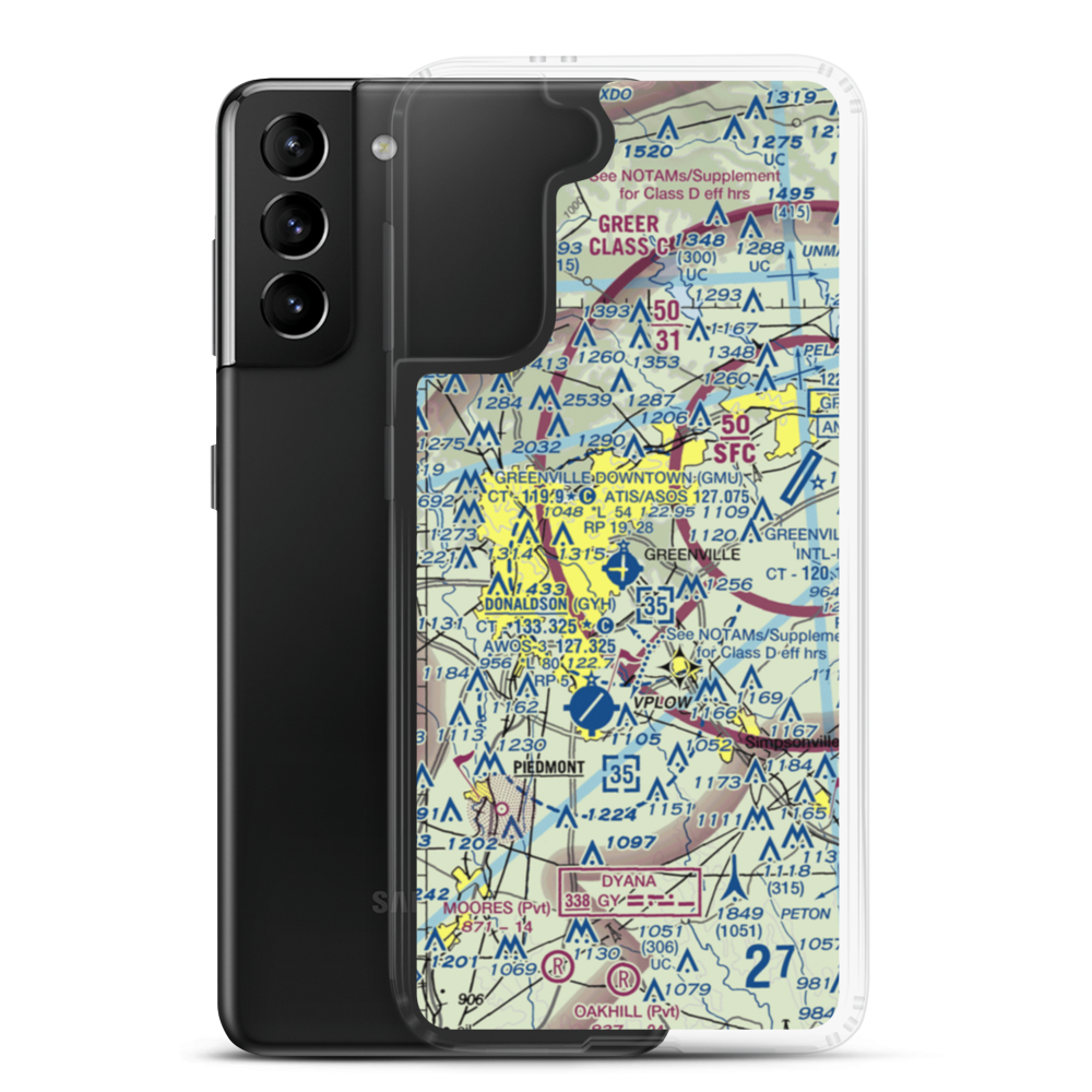 Greenville Downtown Airport (GMU) VFR Sectional Samsung Case Samsung Galaxy S21 Plus model shown
