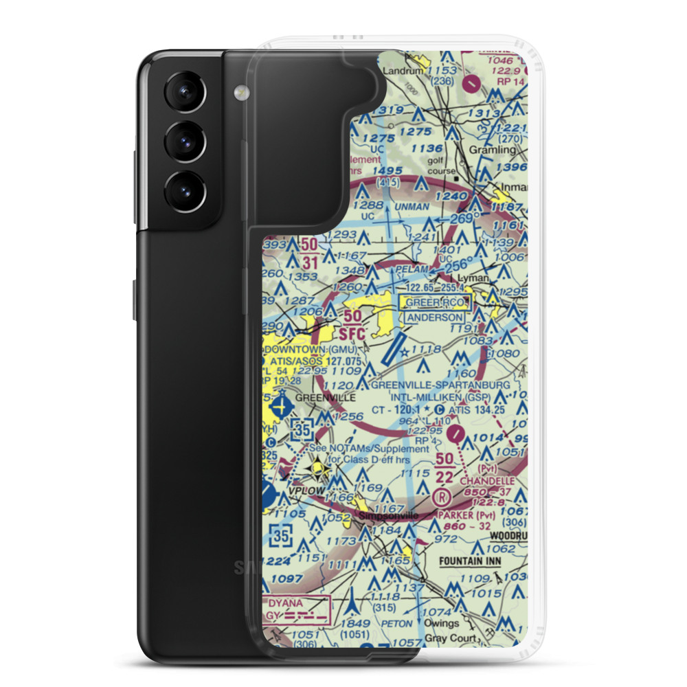 Greenville Spartanburg International Airport (GSP) VFR Sectional Samsung Case Samsung Galaxy S21 Plus model shown