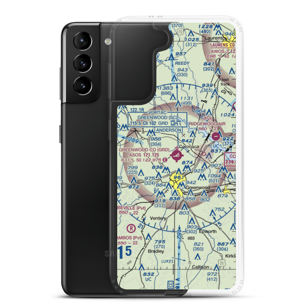 Greenwood County Airport (GRD) VFR Sectional Samsung Case Samsung Galaxy S21 Plus model shown