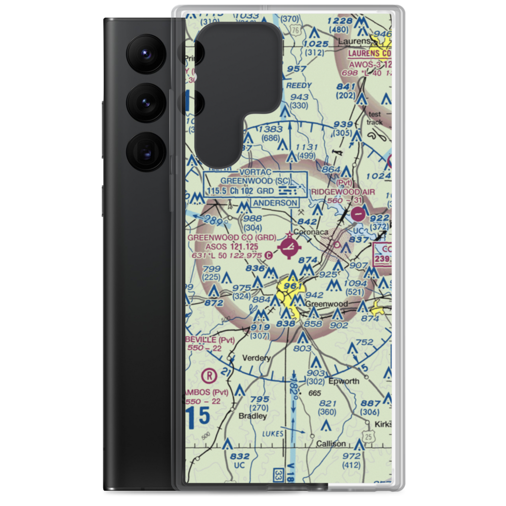 Greenwood County Airport (GRD) VFR Sectional Samsung Case Samsung Galaxy S22 Ultra model shown