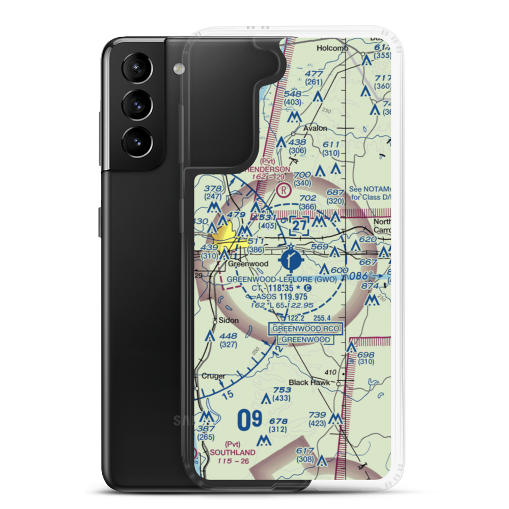 Greenwood–Leflore Airport (GWO) VFR Sectional Samsung Case Samsung Galaxy S21 Plus model shown