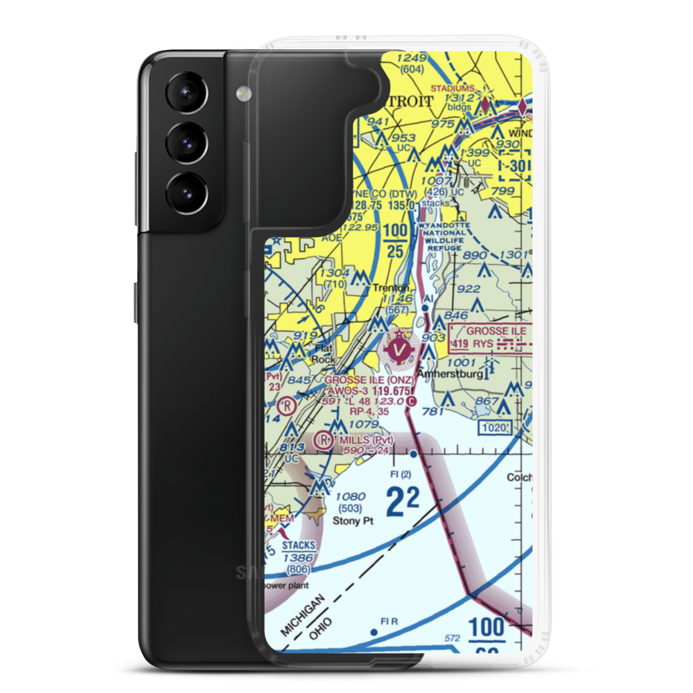 Grosse Ile Municipal Airport (ONZ) VFR Sectional Samsung Case Samsung Galaxy S21 Plus model shown