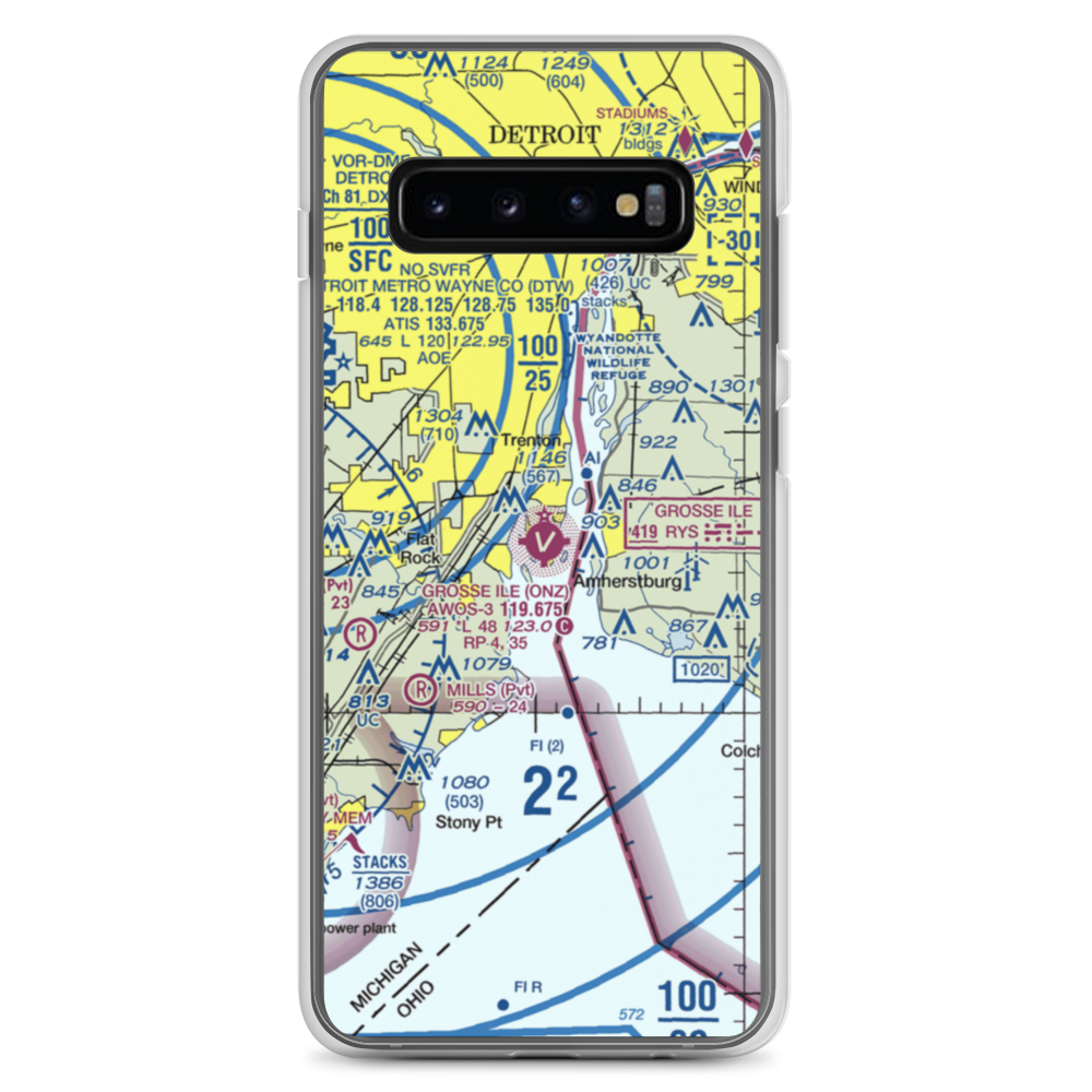 Grosse Ile Municipal Airport (ONZ) VFR Sectional Samsung Case Samsung Galaxy S10+ model shown