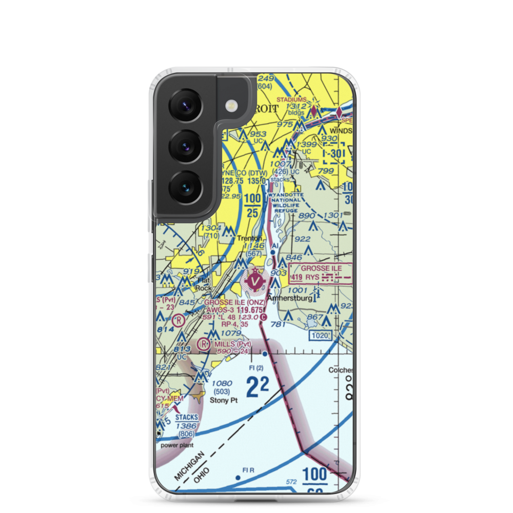 Grosse Ile Municipal Airport (ONZ) VFR Sectional Samsung Case Samsung Galaxy S22 model shown