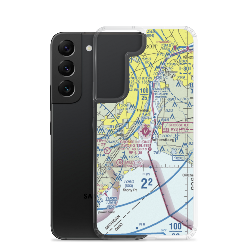 Grosse Ile Municipal Airport (ONZ) VFR Sectional Samsung Case Samsung Galaxy S22 model shown