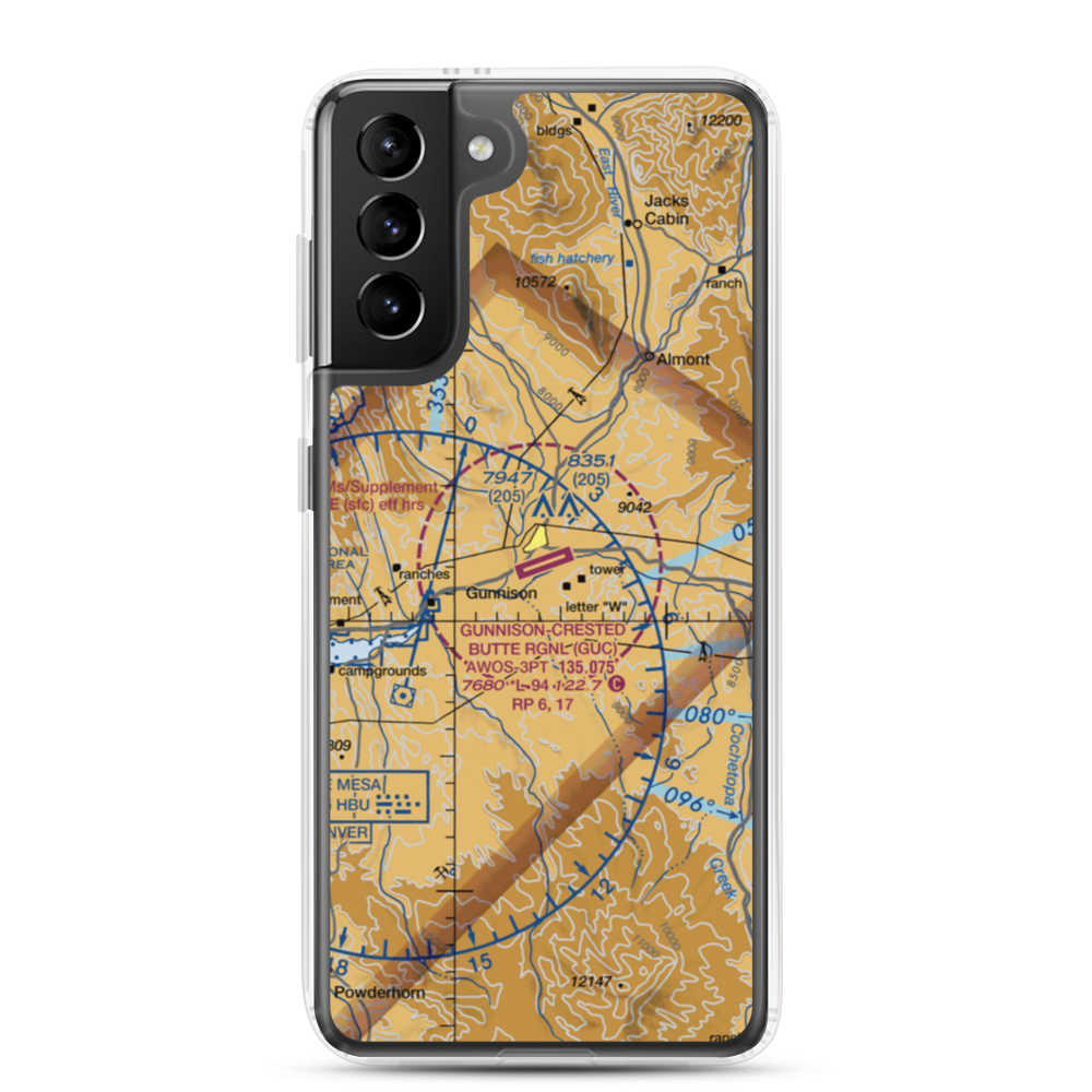Gunnison Crested Butte Regional Airport (GUC) VFR Sectional Samsung Case Samsung Galaxy S21 Plus model shown