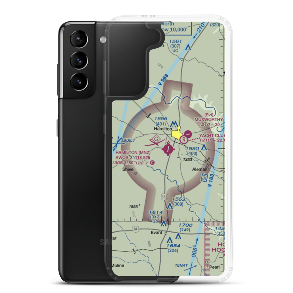Hamilton Municipal Airport (MNZ) VFR Sectional Samsung Case Samsung Galaxy S21 Plus model shown