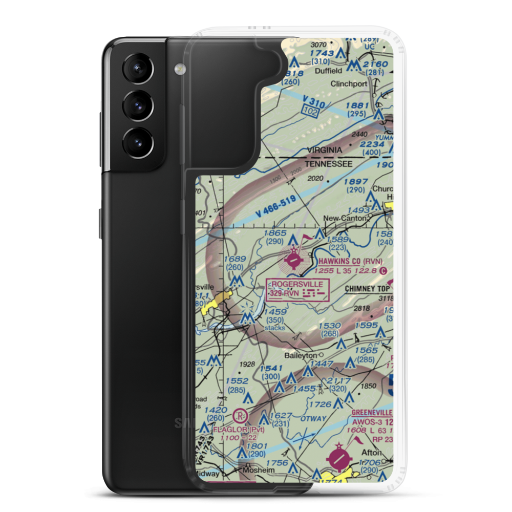 Hawkins County Airport (RVN) VFR Sectional Samsung Case Samsung Galaxy S21 Plus model shown
