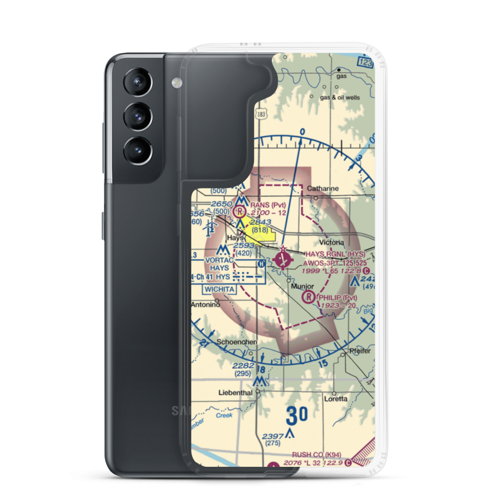 Hays Regional Airport (HYS) VFR Sectional Samsung Case Samsung Galaxy S21 model shown