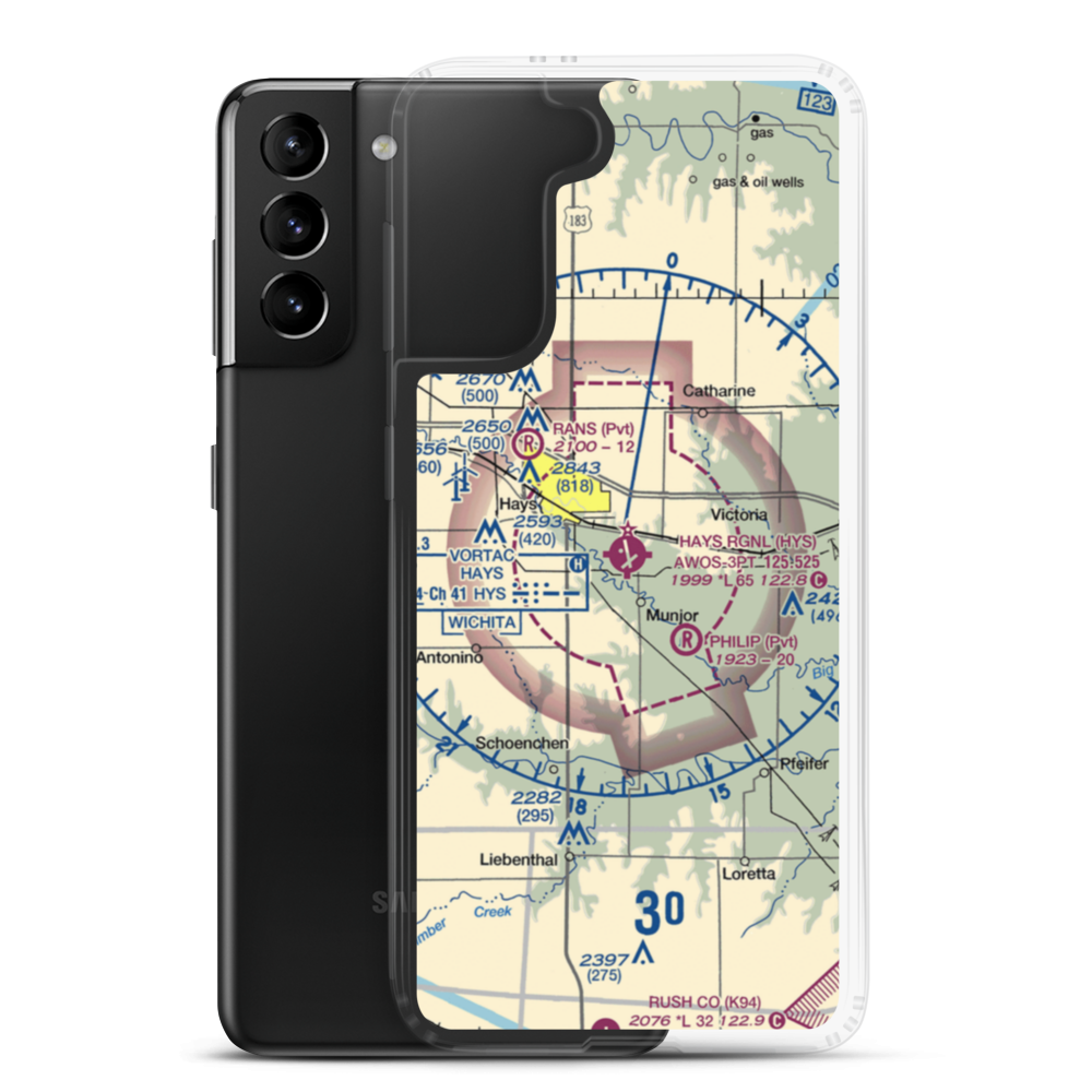 Hays Regional Airport (HYS) VFR Sectional Samsung Case Samsung Galaxy S21 Plus model shown