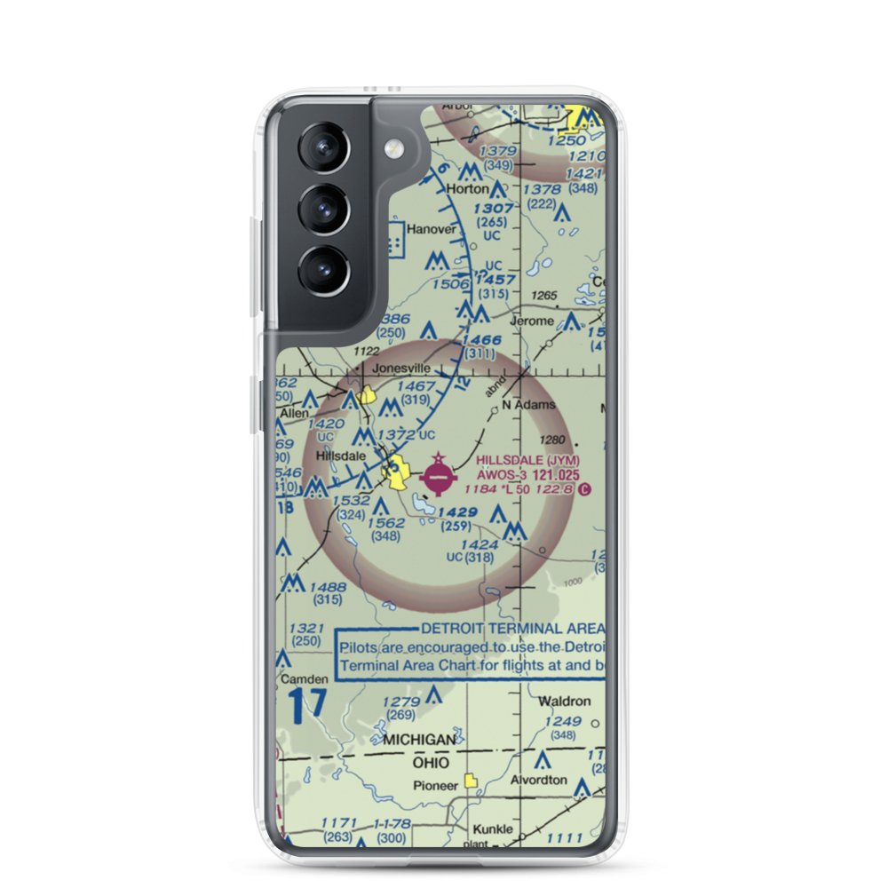 Hillsdale Municipal Airport (JYM) VFR Sectional Samsung Case Samsung Galaxy S21 model shown