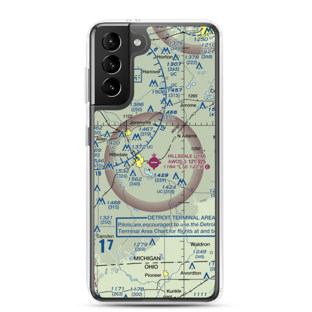Hillsdale Municipal Airport (JYM) VFR Sectional Samsung Case Samsung Galaxy S21 Plus model shown
