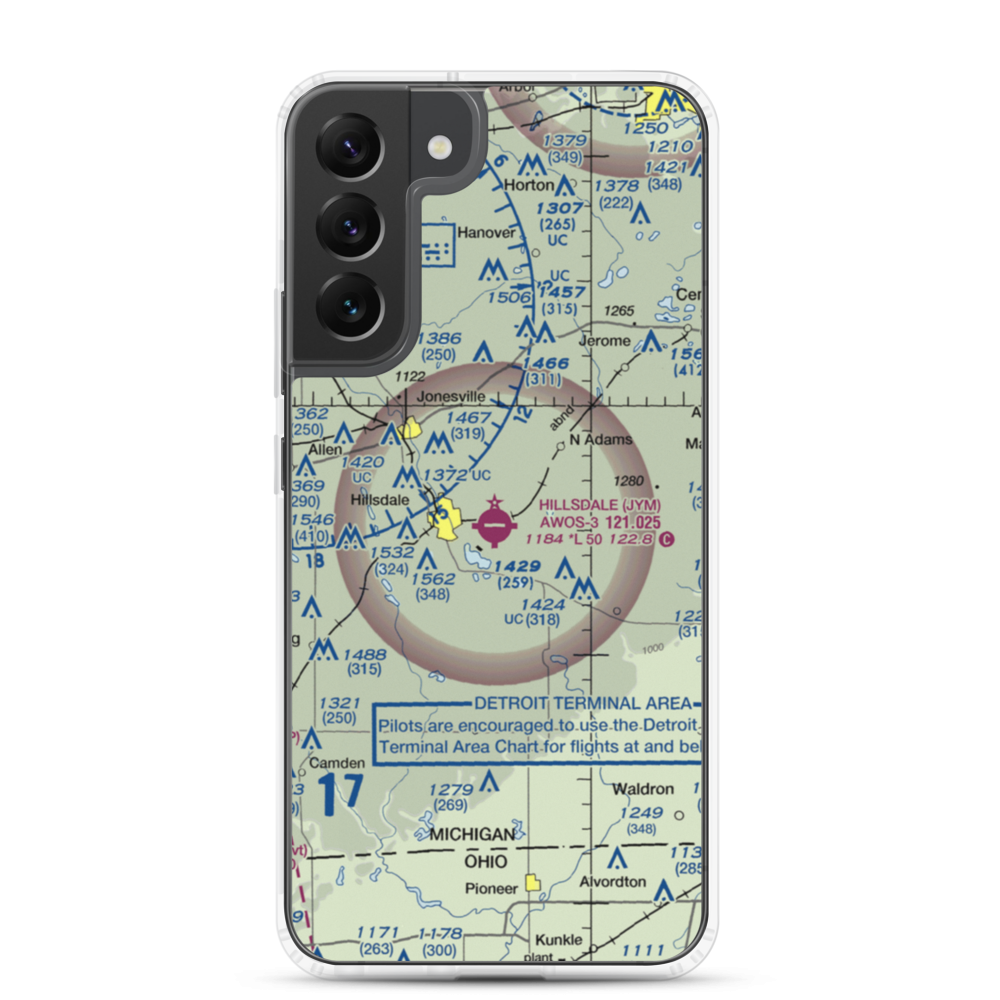Hillsdale Municipal Airport (JYM) VFR Sectional Samsung Case Samsung Galaxy S22 Plus model shown
