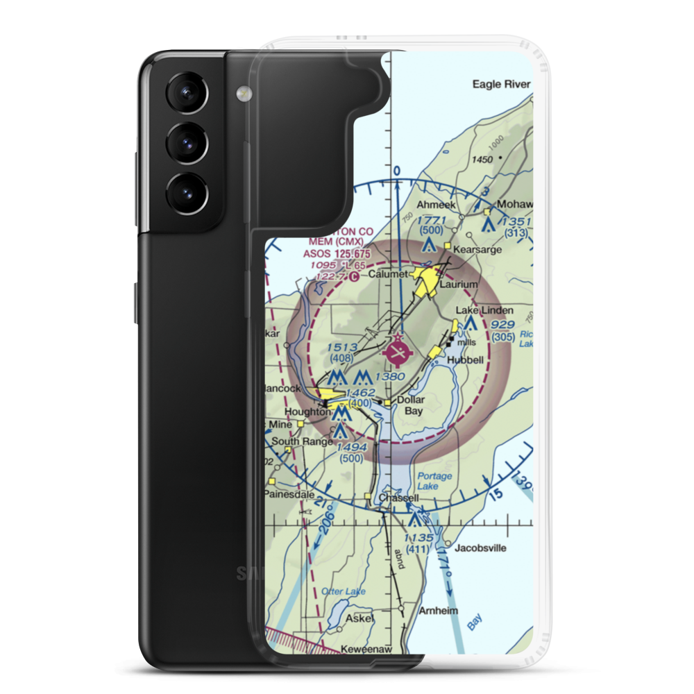 Houghton County Memorial Airport (CMX) VFR Sectional Samsung Case Samsung Galaxy S21 Plus model shown