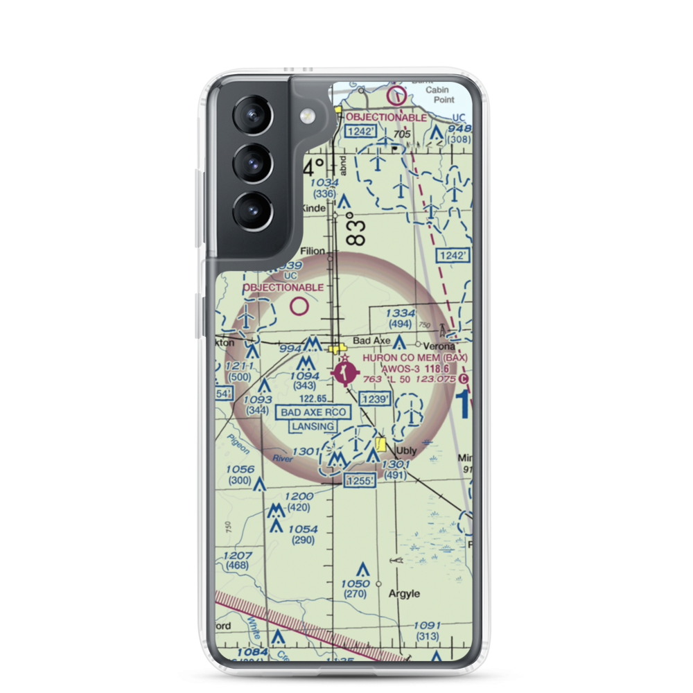 Huron County Memorial Airport (BAX) VFR Sectional Samsung Case Samsung Galaxy S21 model shown