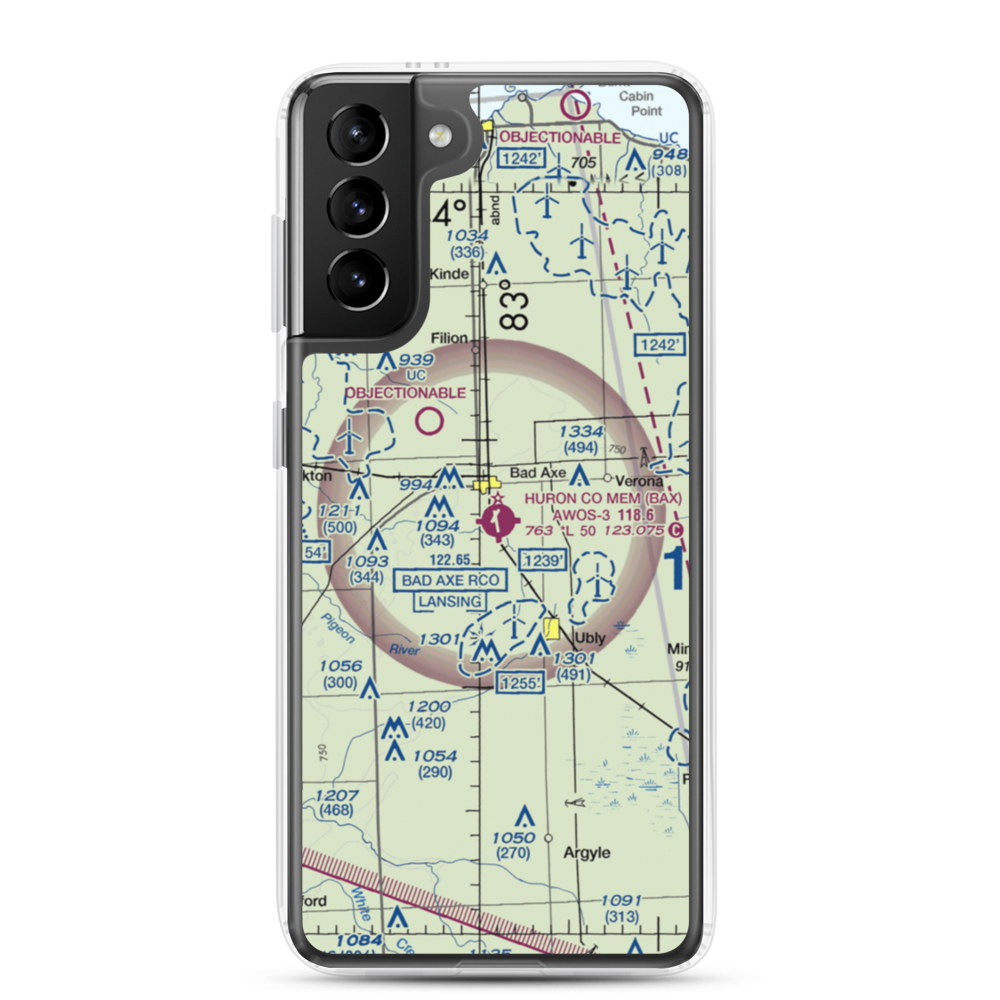 Huron County Memorial Airport (BAX) VFR Sectional Samsung Case Samsung Galaxy S21 Plus model shown