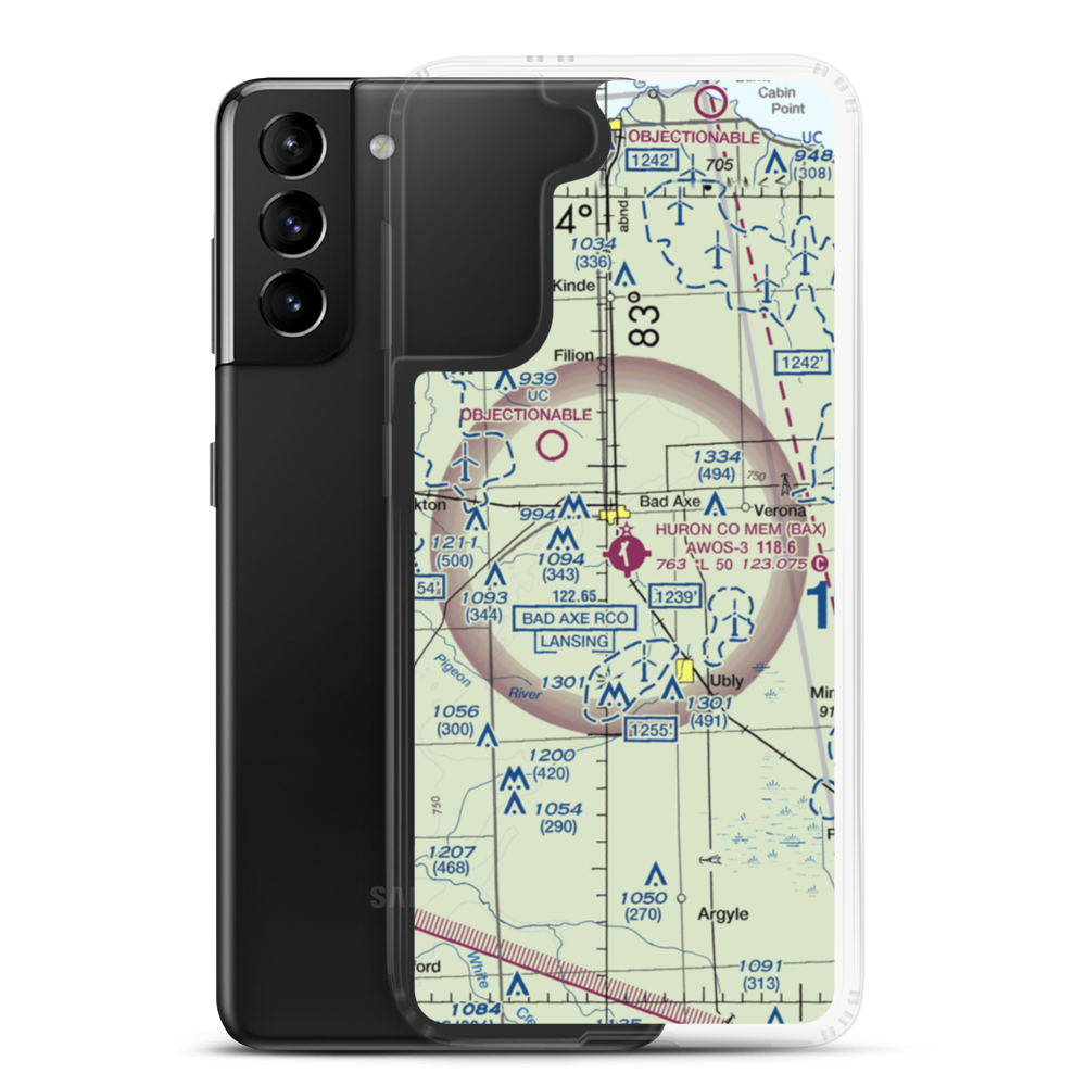 Huron County Memorial Airport (BAX) VFR Sectional Samsung Case Samsung Galaxy S21 Plus model shown