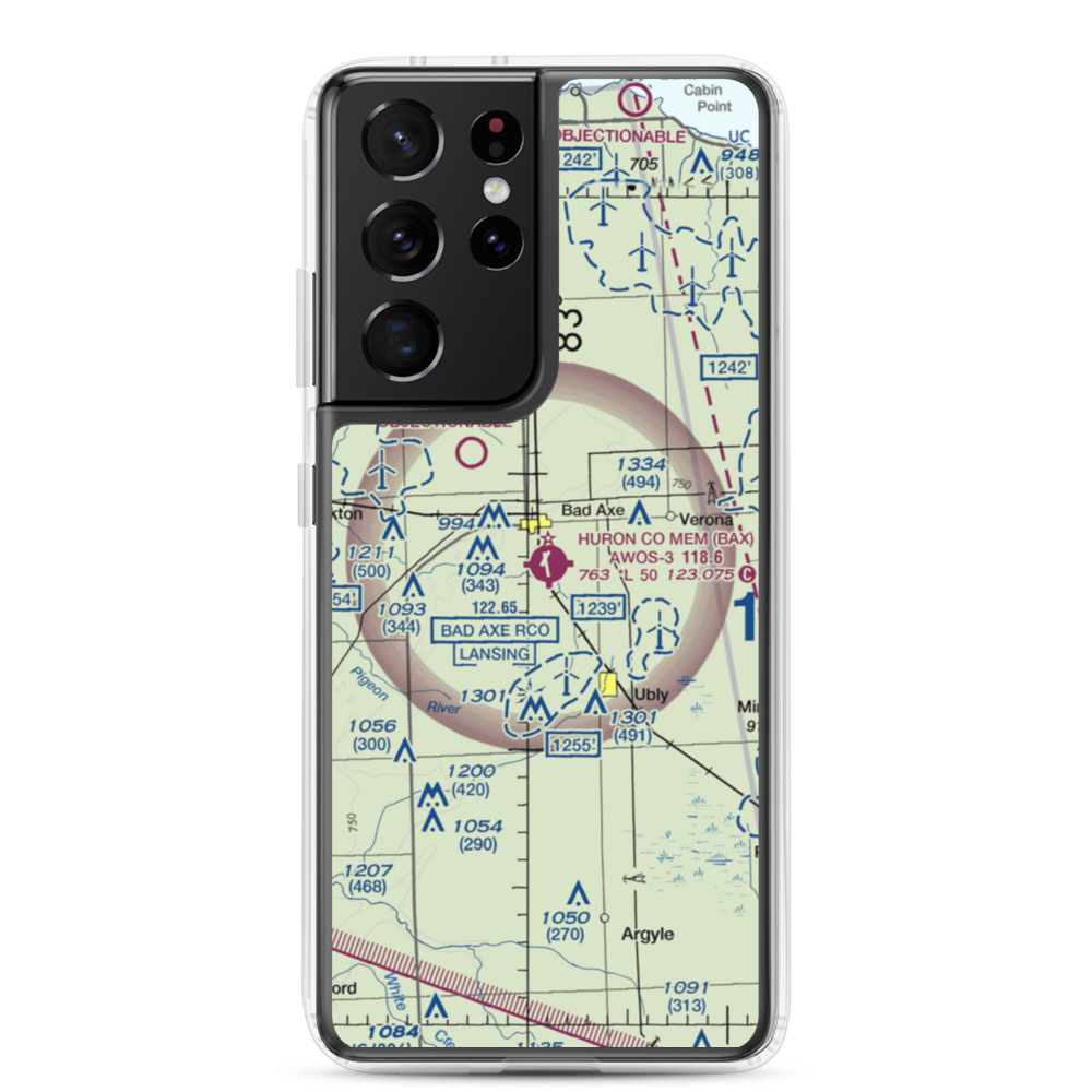 Huron County Memorial Airport (BAX) VFR Sectional Samsung Case Samsung Galaxy S21 Ultra model shown
