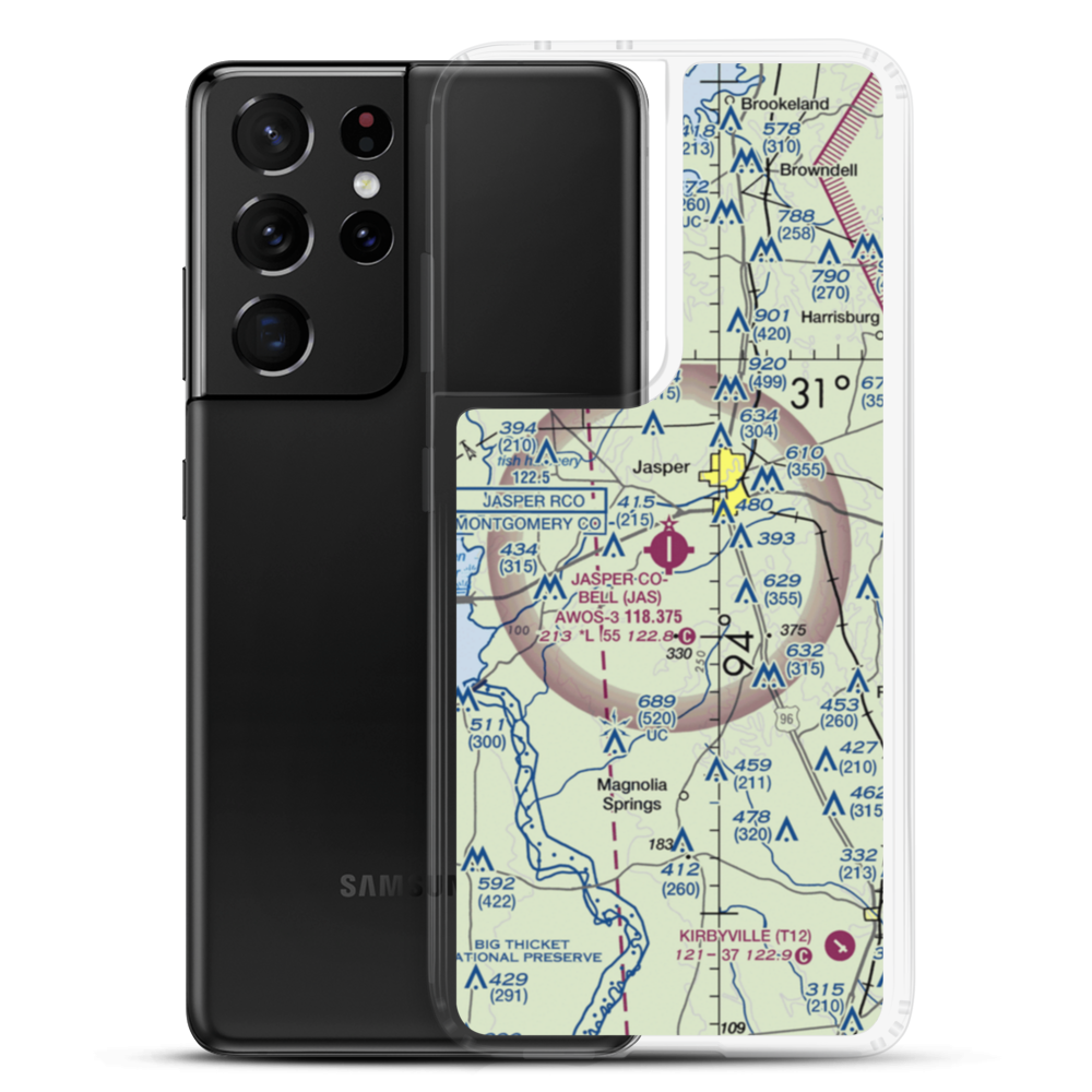 Jasper County Airport-Bell Field (JAS) VFR Sectional Samsung Case Samsung Galaxy S21 Ultra model shown