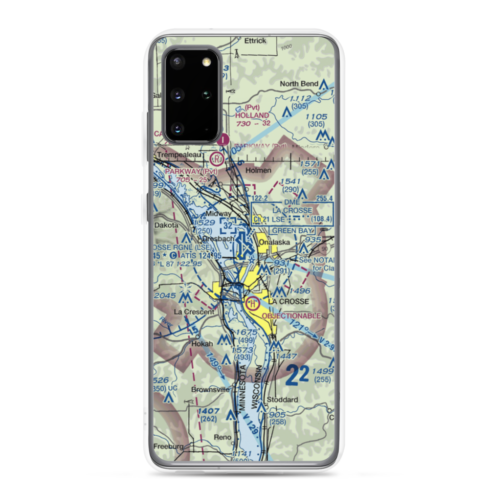La Crosse Municipal Airport (LSE) VFR Sectional Samsung Case Samsung Galaxy S20 Plus model shown