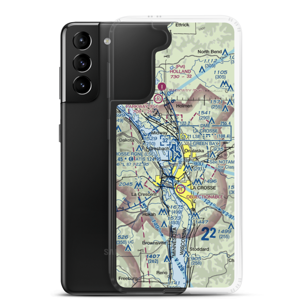 La Crosse Municipal Airport (LSE) VFR Sectional Samsung Case Samsung Galaxy S21 Plus model shown