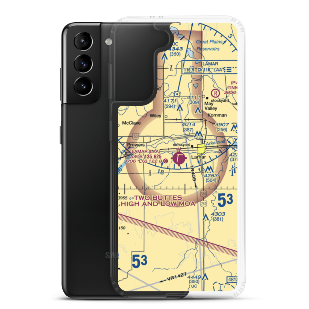 Lamar Municipal Airport (LAA) VFR Sectional Samsung Case Samsung Galaxy S21 Plus model shown