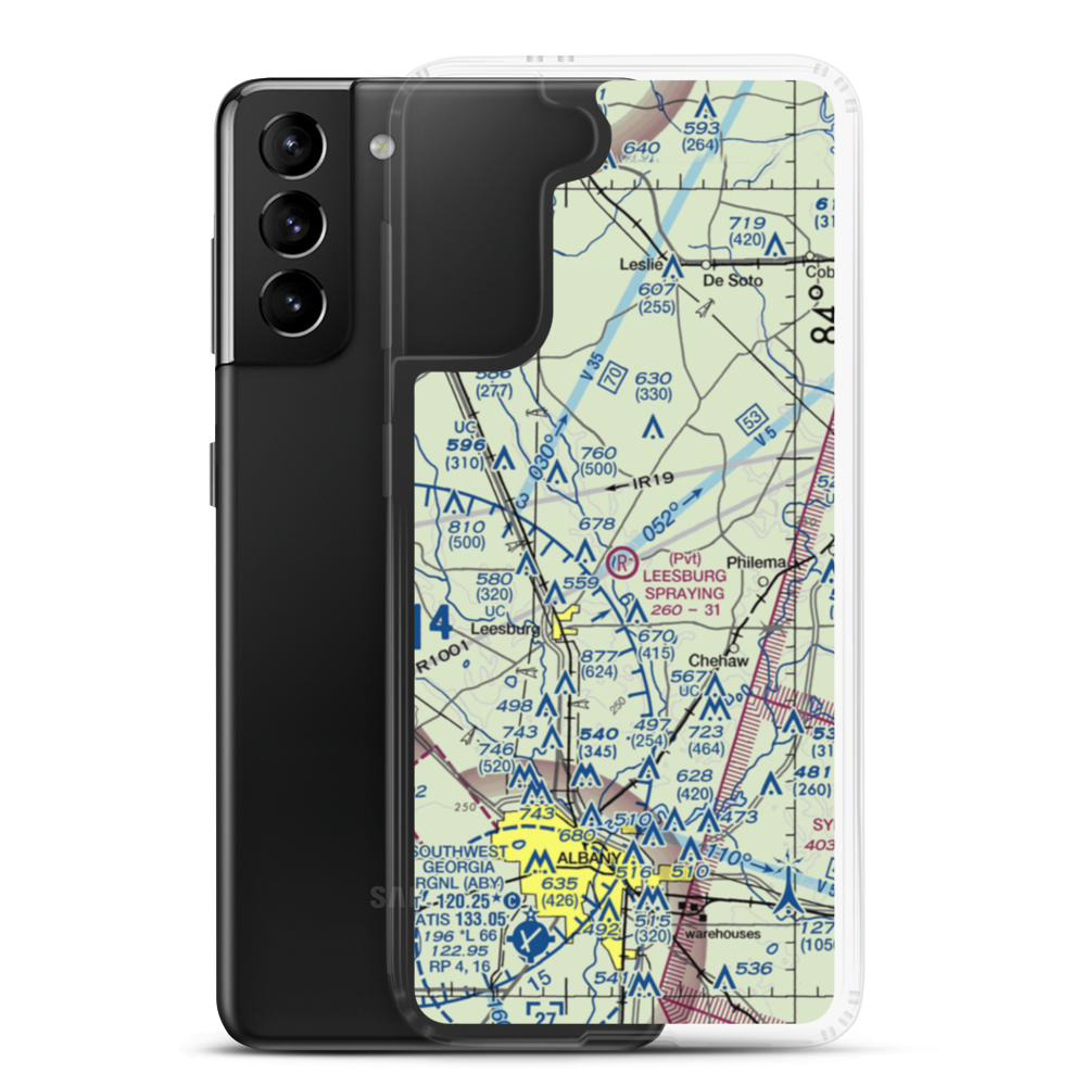 Leesburg Spraying Airport (8GA3) VFR Sectional Samsung Case Samsung Galaxy S21 Plus model shown