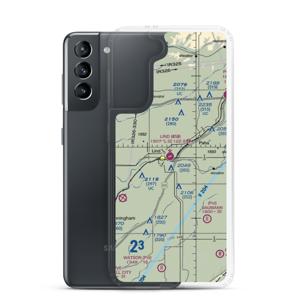 Lind Airport (0S0) VFR Sectional Samsung Case Samsung Galaxy S21 model shown