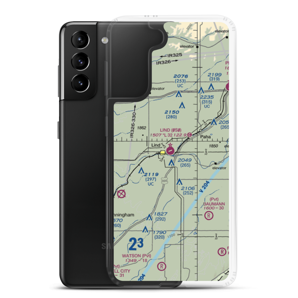 Lind Airport (0S0) VFR Sectional Samsung Case Samsung Galaxy S21 Plus model shown