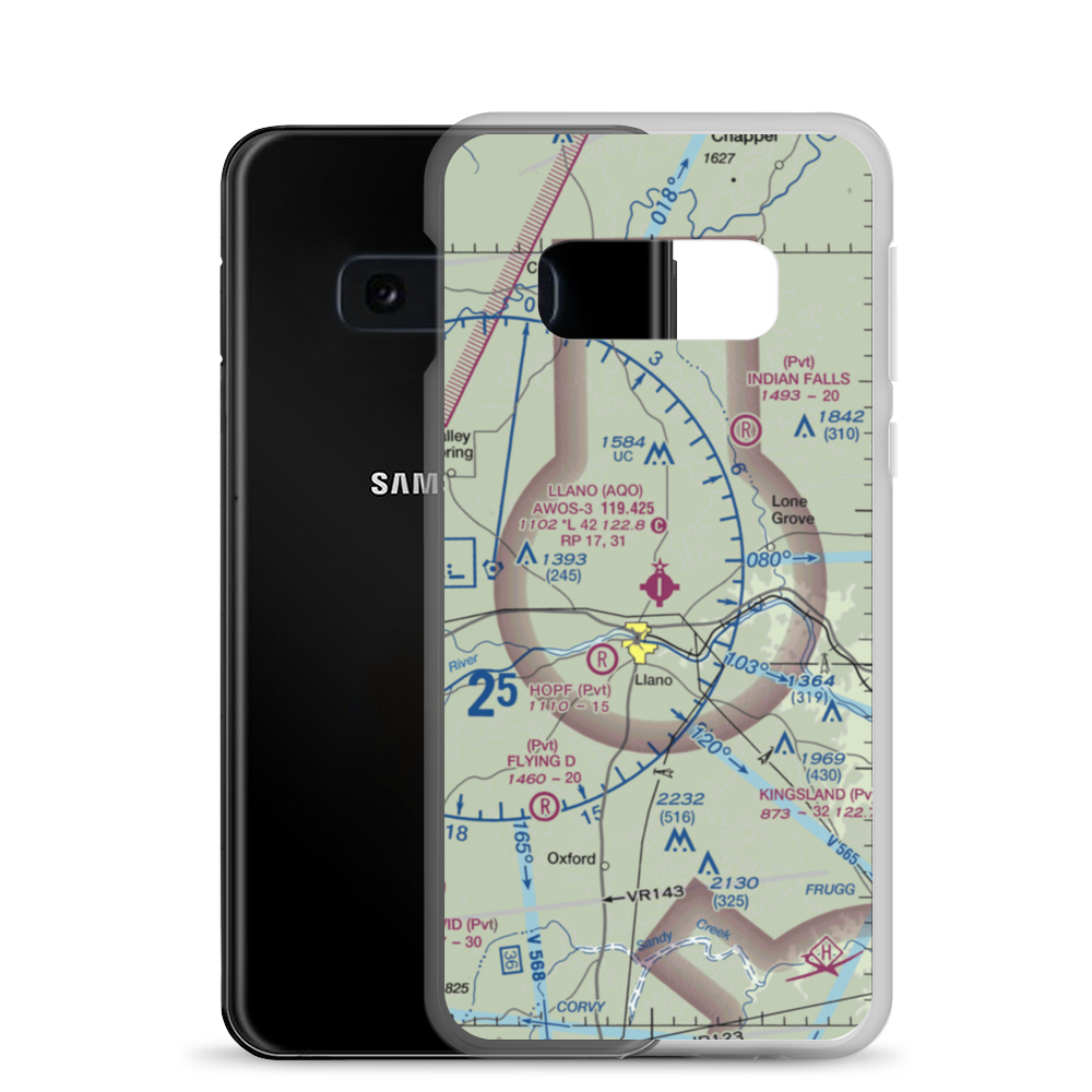 Llano Municipal Airport (AQO) VFR Sectional Samsung Case Samsung Galaxy S10e model shown